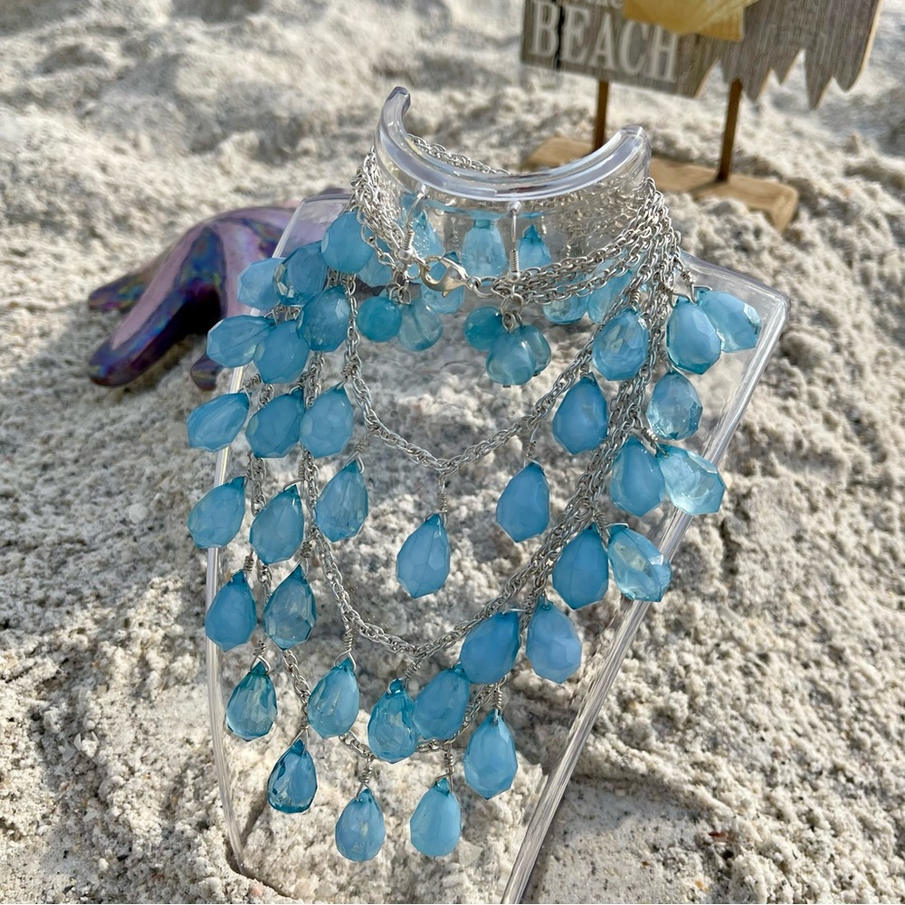 Set Of Earrings & Necklace Blue Raindrop Teardrop Acrylic Multi-layered 24"+3" - Picture 4 of 8